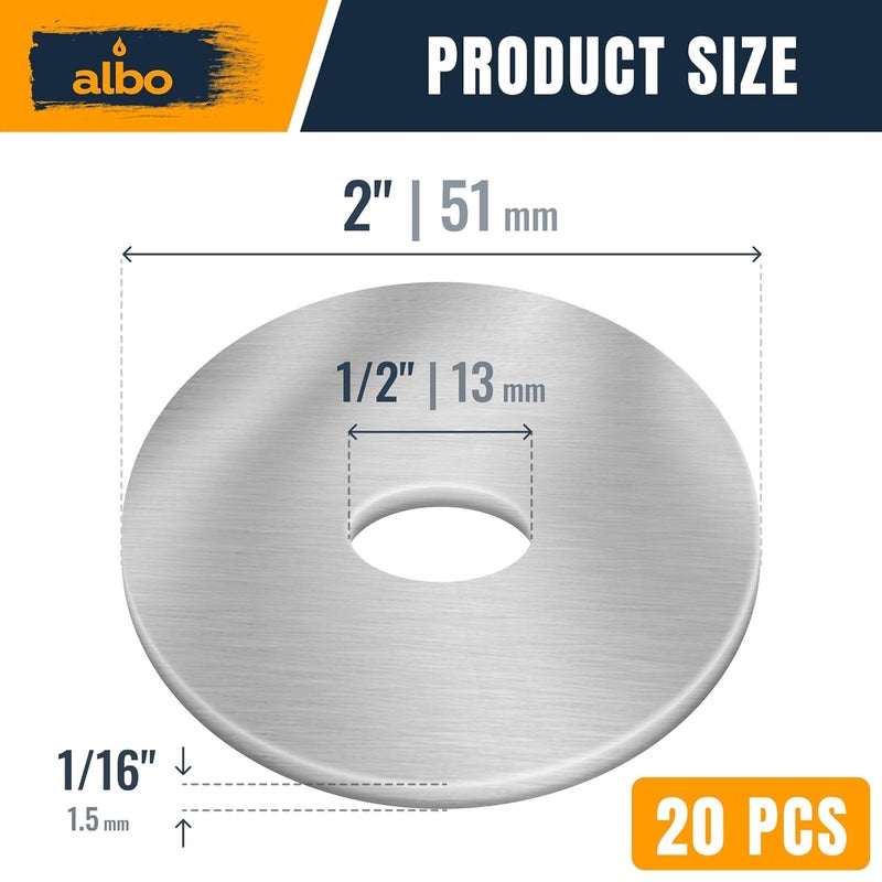 ALBO 20 Pcs Stainless Steel Fender Flat Washers 1/2" x 2" for Bolts and Screws, 304 Stainless Steel Hardware for Construction and DIY - Image 2